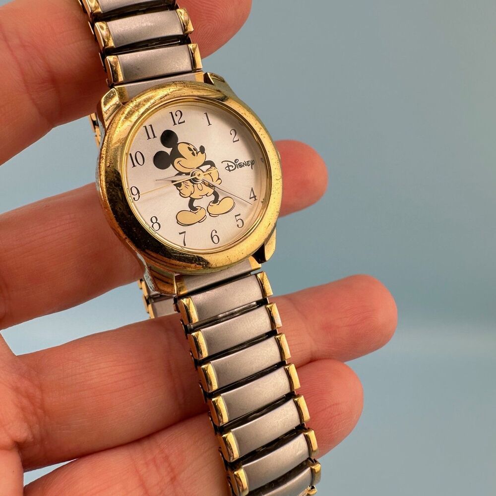 Vintage Mickey Mouse Gold Silver Tone Stretch Band Wrist Watch Tested Works - Picture 11 of 14